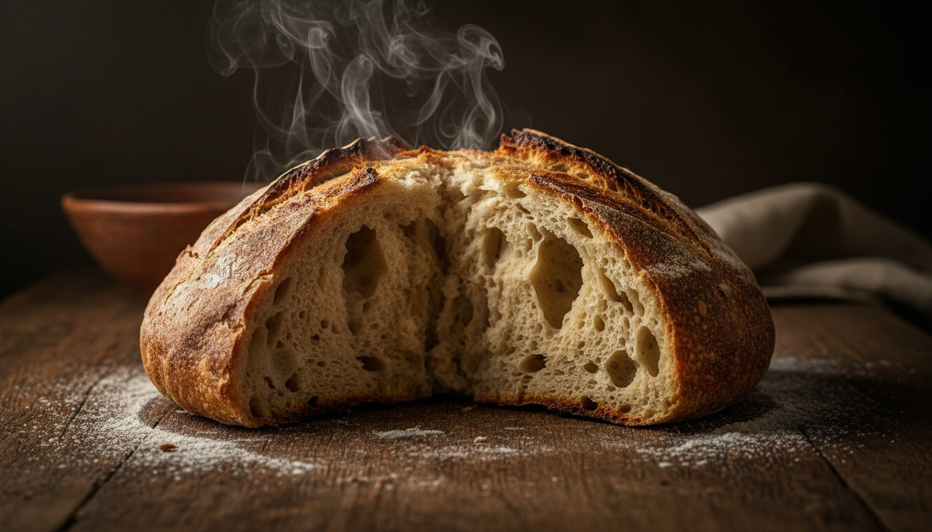 Pão artesanal rústico partido ao meio