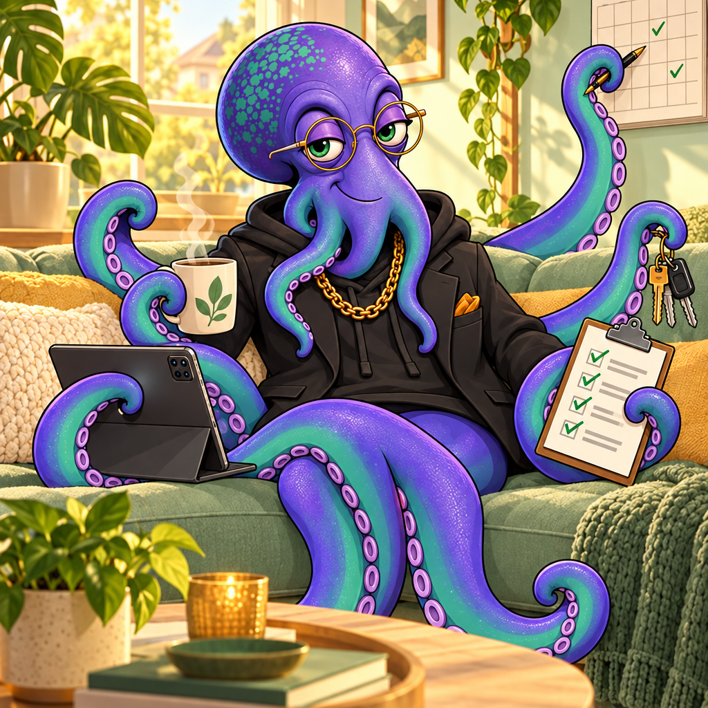 Octo at home juggling bills and to-dos