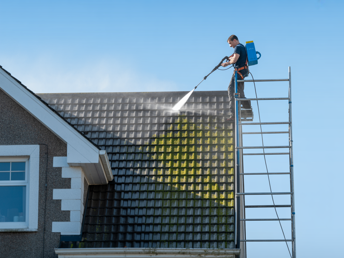 Professional roof cleaning service showing clean and dirty roof sections in Athlone