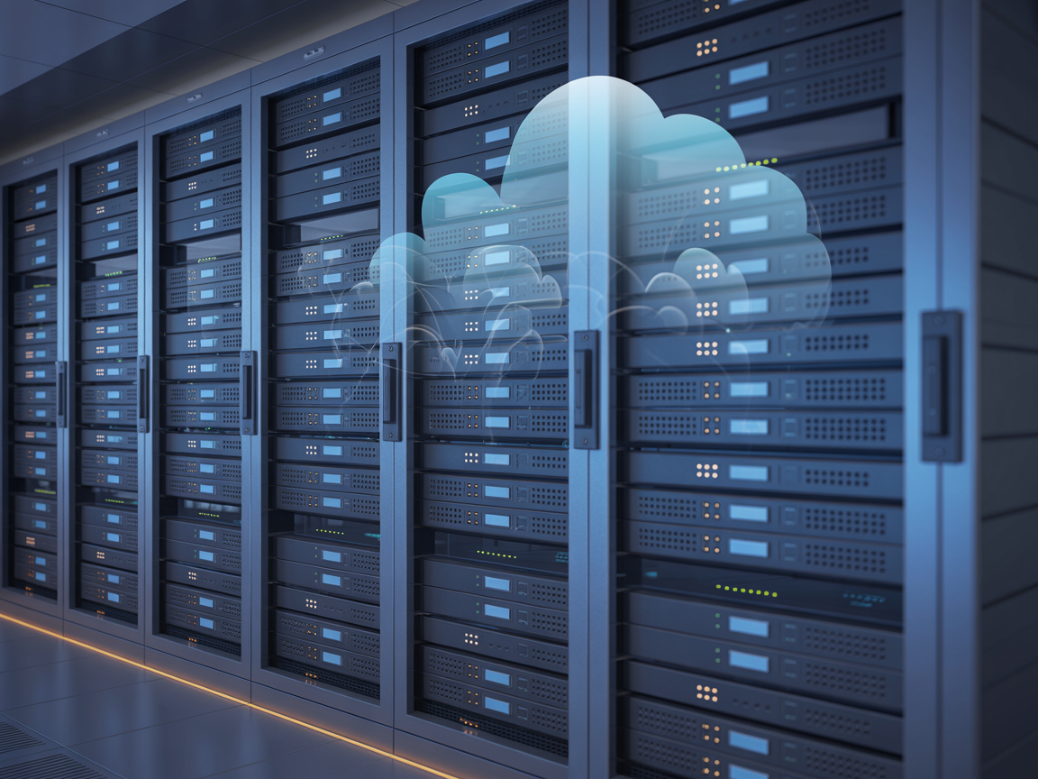 Modern server room with blue-lit server racks and cloud hosting visualization