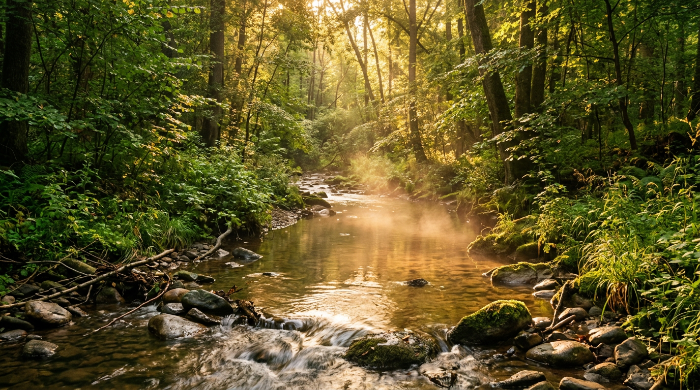 Peaceful forest stream with golden light