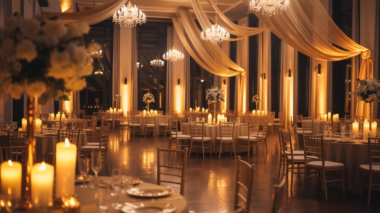 Elegant ballroom with warm golden lighting and candles