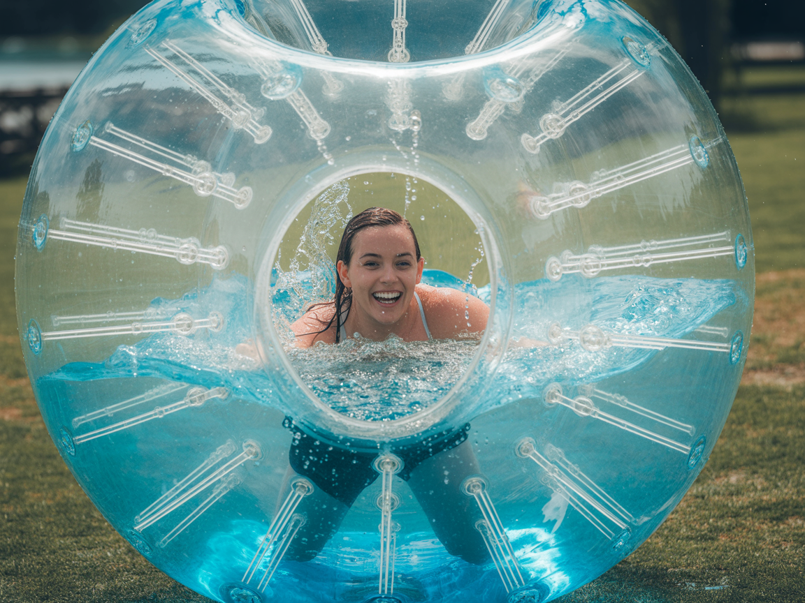Aqua zorbing with water splashing inside a transparent zorb ball