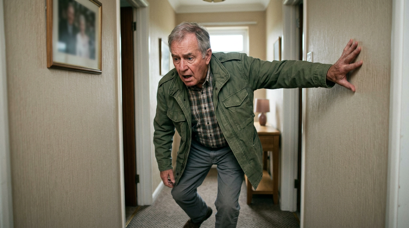 Photograph of an older veteran catching himself against a hallway wall as he loses his balance