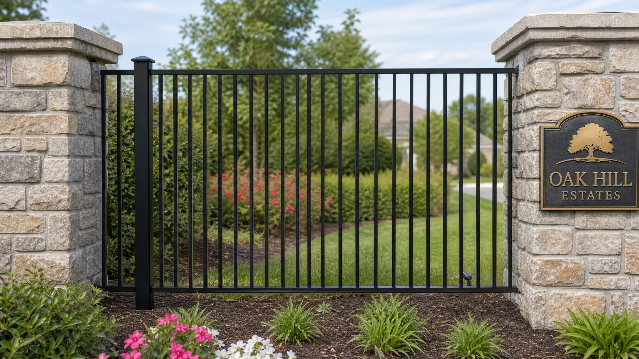 C200 Commercial flat-top welded steel fence at an HOA community entrance with stone pillars