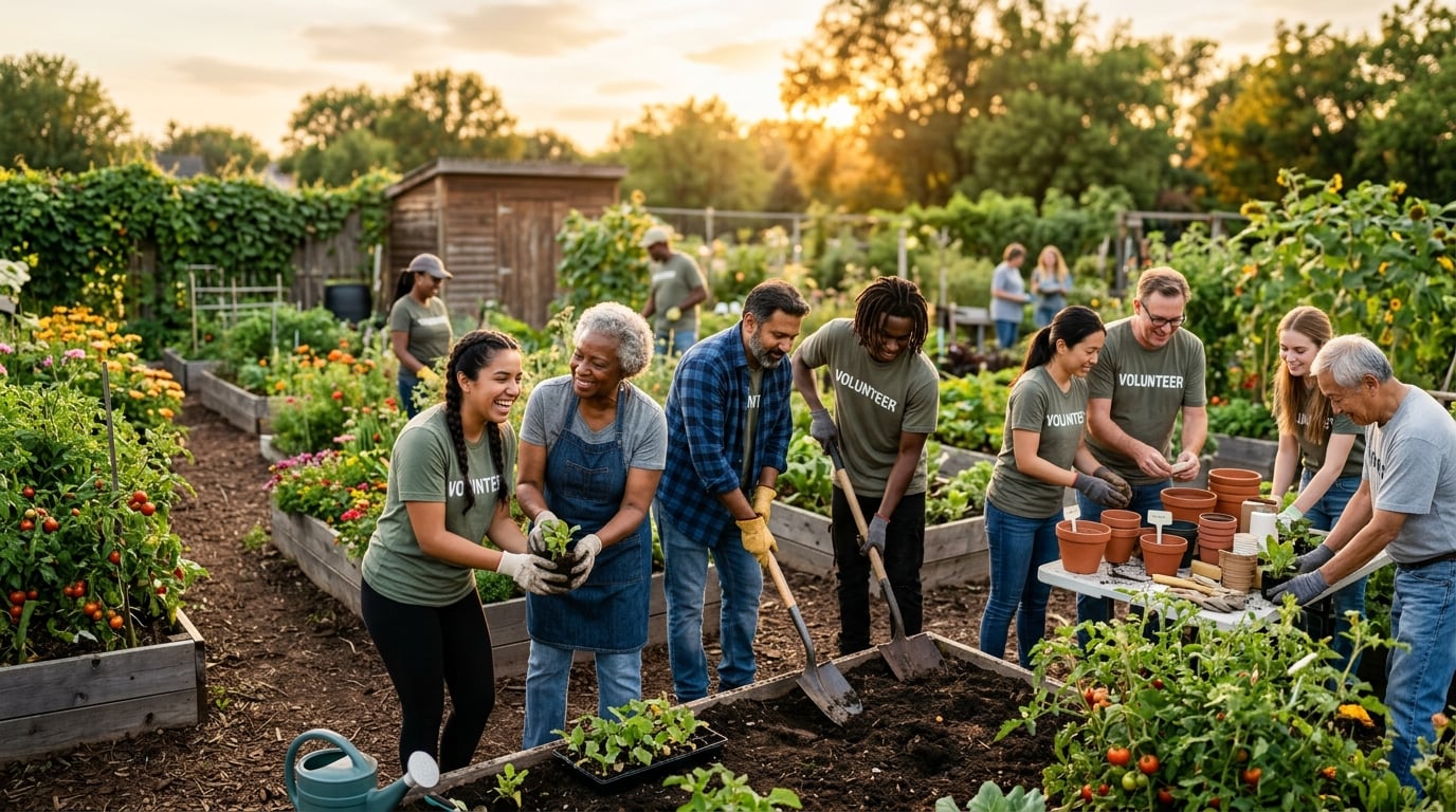 A group of diverse volunteers giving back together outdoors