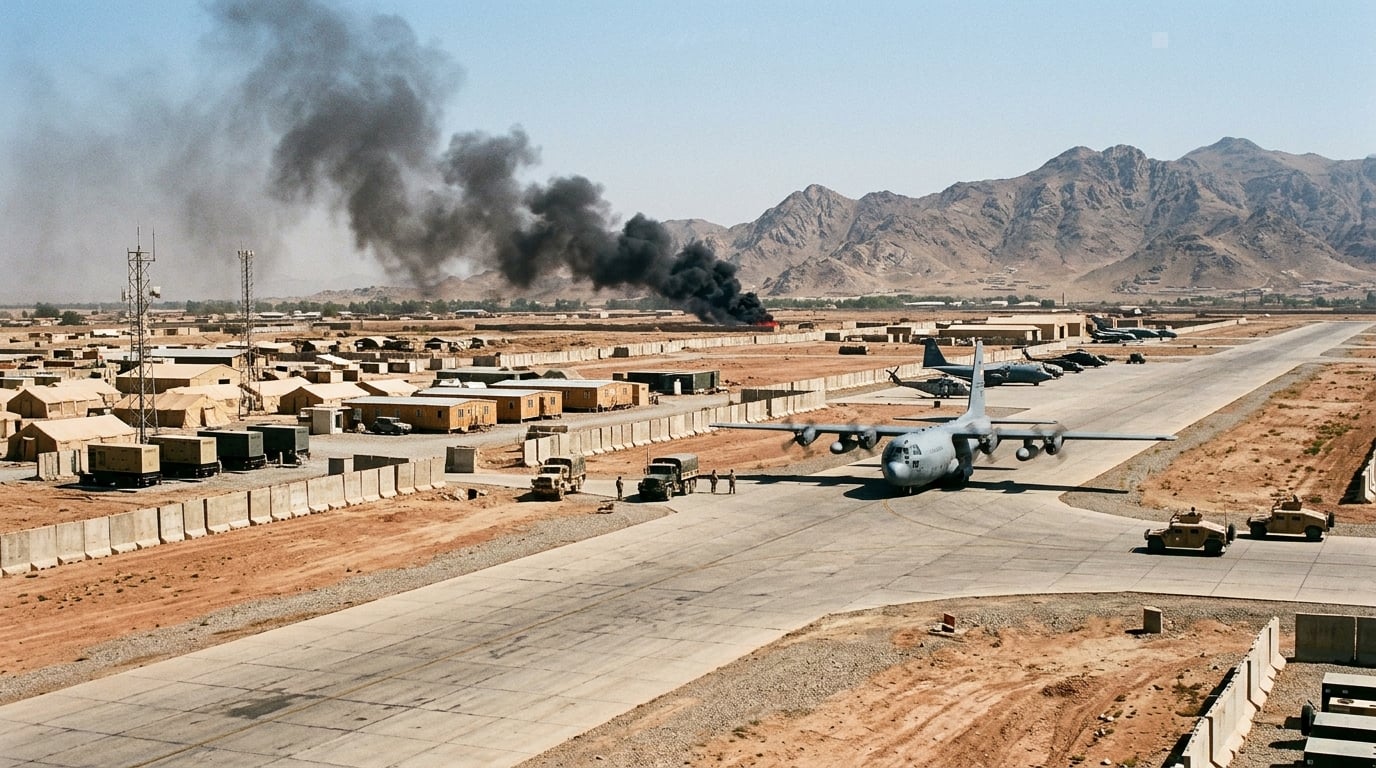 Bagram Airfield, Afghanistan — active military airfield with burn pit smoke visible in desert mountains
