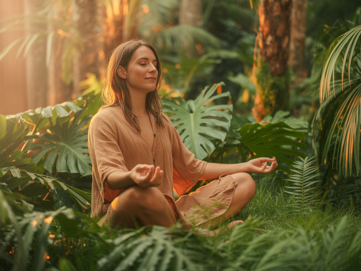 Woman meditating peacefully in a tropical forest clearing at golden hour, representing grounded plant medicine integration