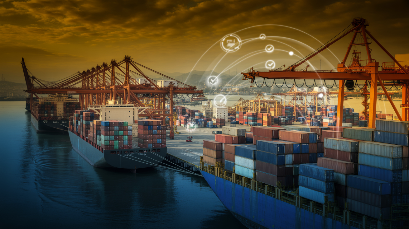 Global shipping port at golden hour with holographic supply chain compliance network overlays representing ESG and industrial regulations in 2026
