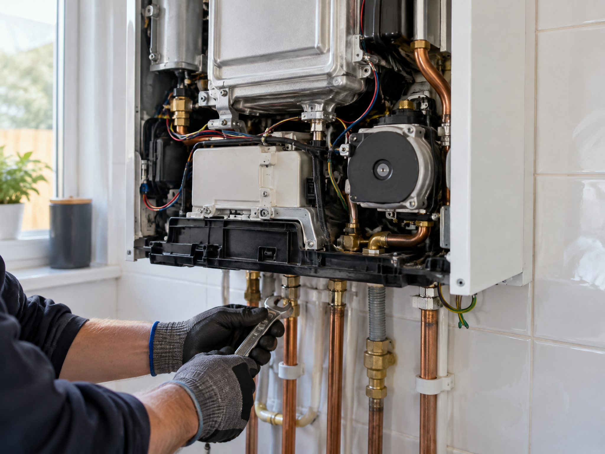 Engineer servicing a wall-mounted gas combi boiler in a UK utility room
