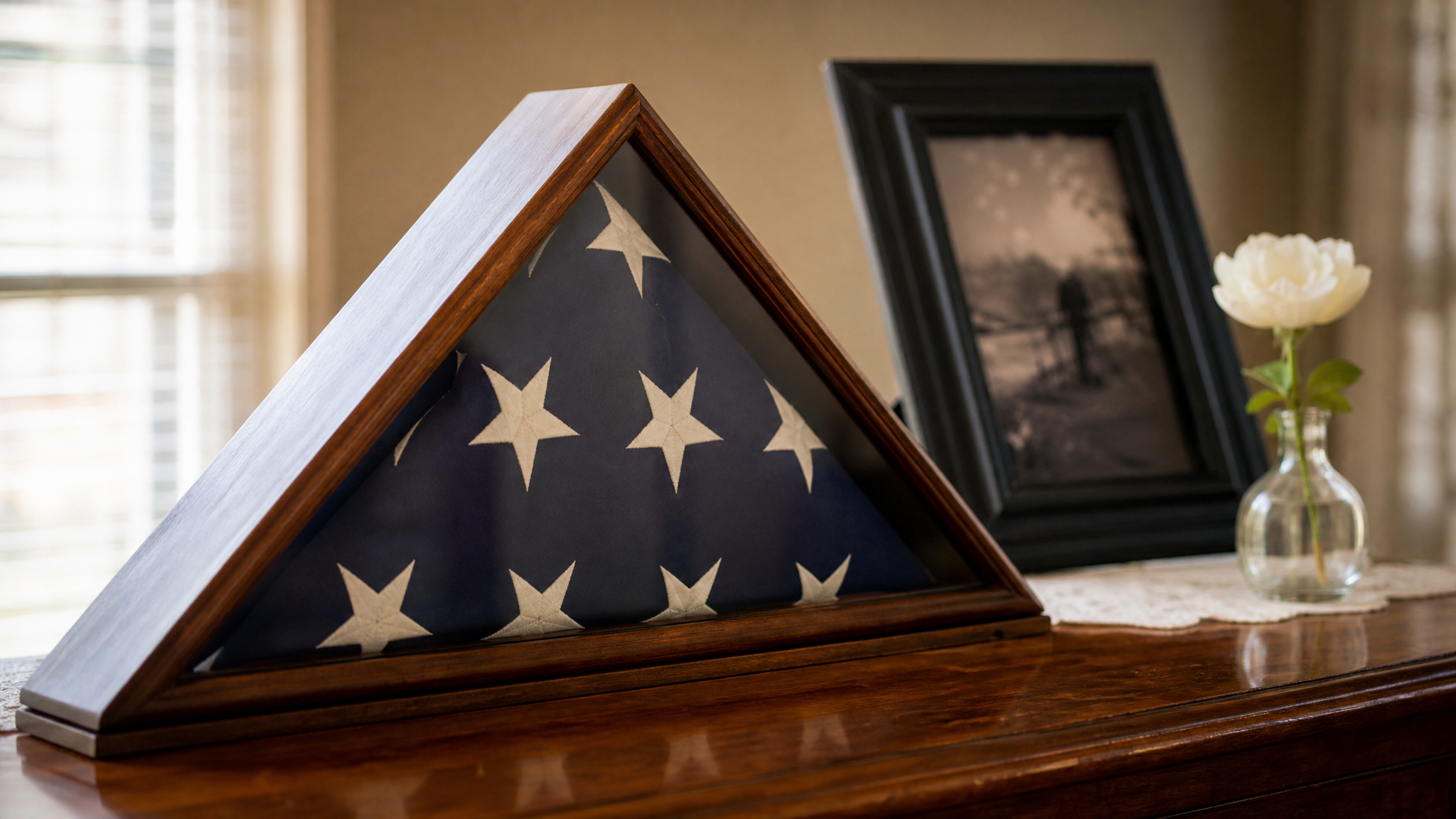 A neatly folded American flag beside a framed photo and a single white flower in soft memorial light