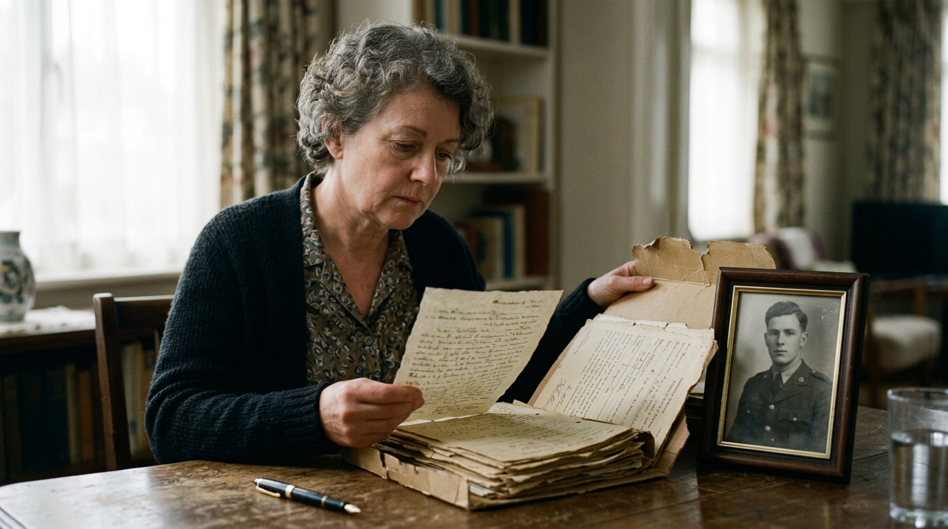 A widow at her desk reading old papers beside a folder of military service records and a framed service portrait