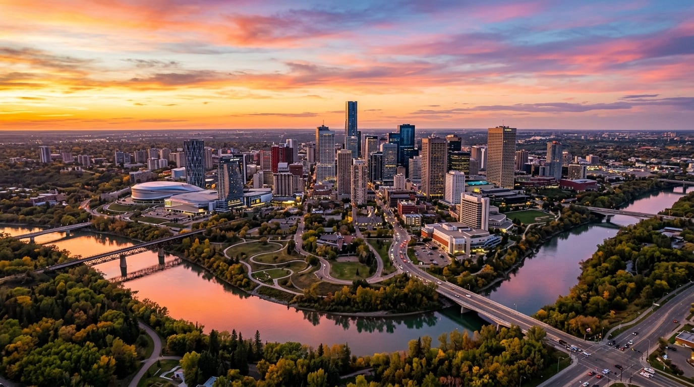 Wide-angle aerial view of the Edmonton downtown skyline during a vibrant sunset with prominent skyscrapers and the North Saskatchewan River