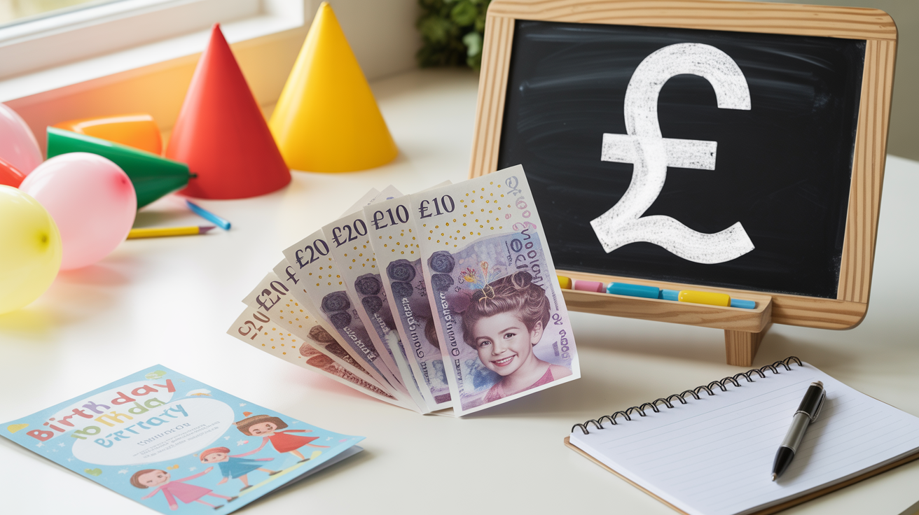 Flat-lay of British currency with party hats, balloons and invitation for a children's party budget