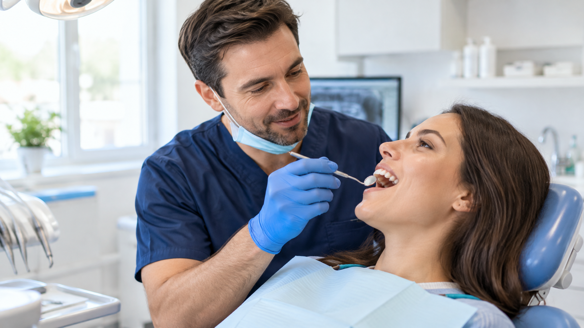 Dentist examining a patient near Dunn Mill, IN