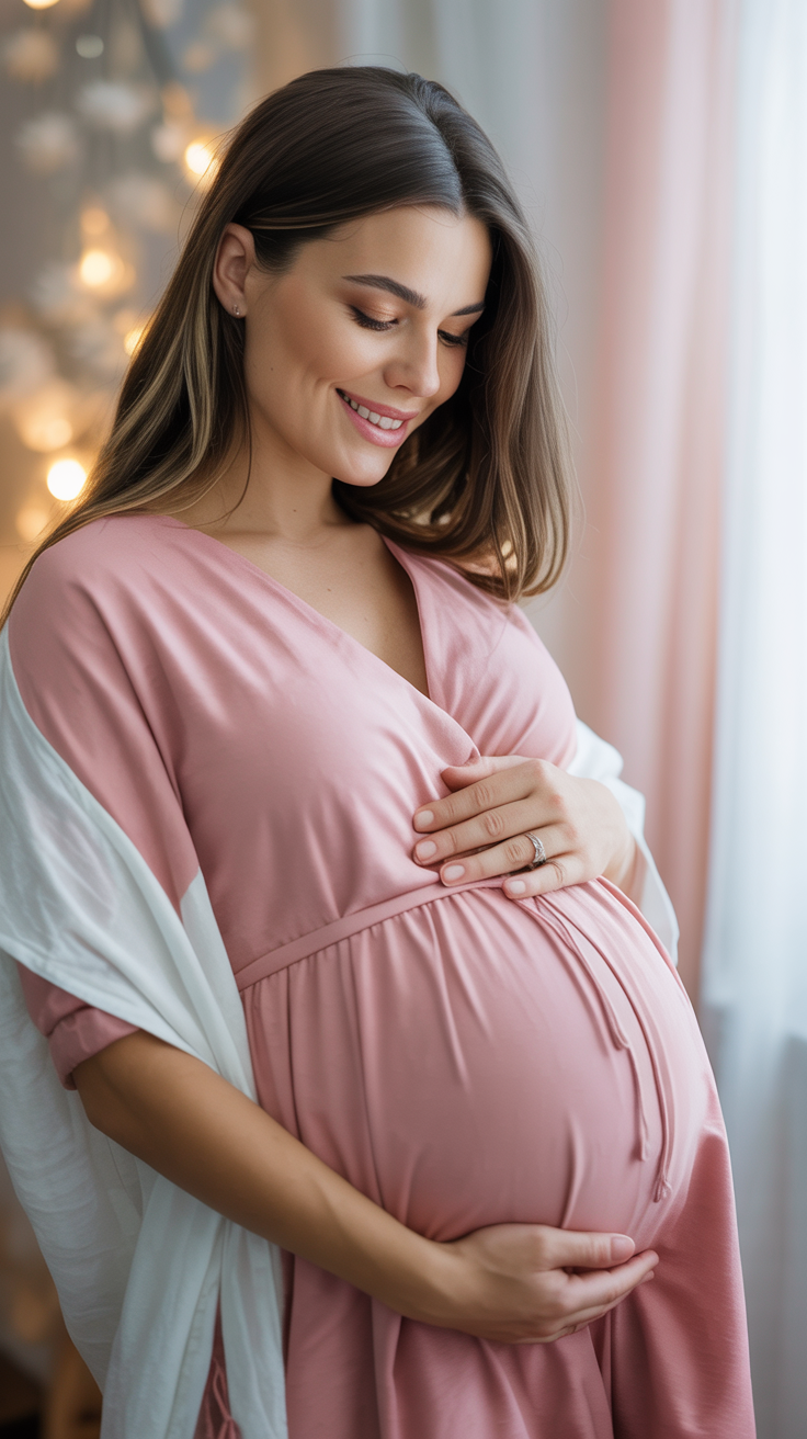 Gestante radiante em tons rosa e dourado representando bem-estar na gravidez