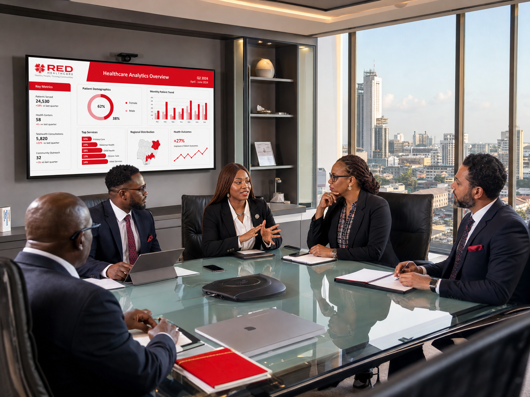 Corporate executives in a Lagos boardroom reviewing a Medbury healthcare partnership presentation