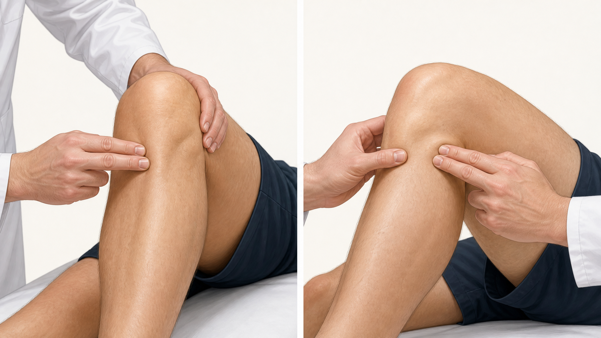Clinical illustration of an examiner palpating along the medial and lateral joint lines of a bent knee to locate tenderness