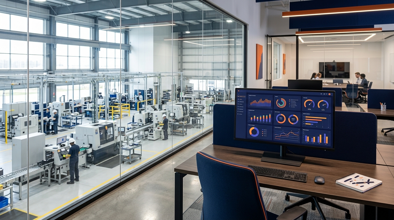 Manufacturing execution system dashboard on a monitor in a small factory office overlooking the shop floor