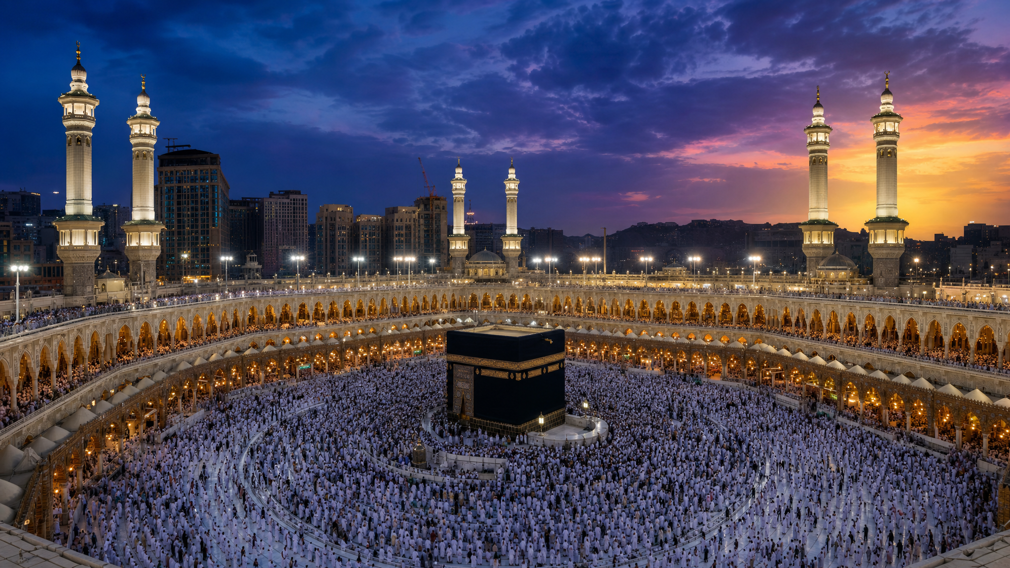 The Holy Kaaba at Masjid al-Haram in Makkah with pilgrims performing Tawaf