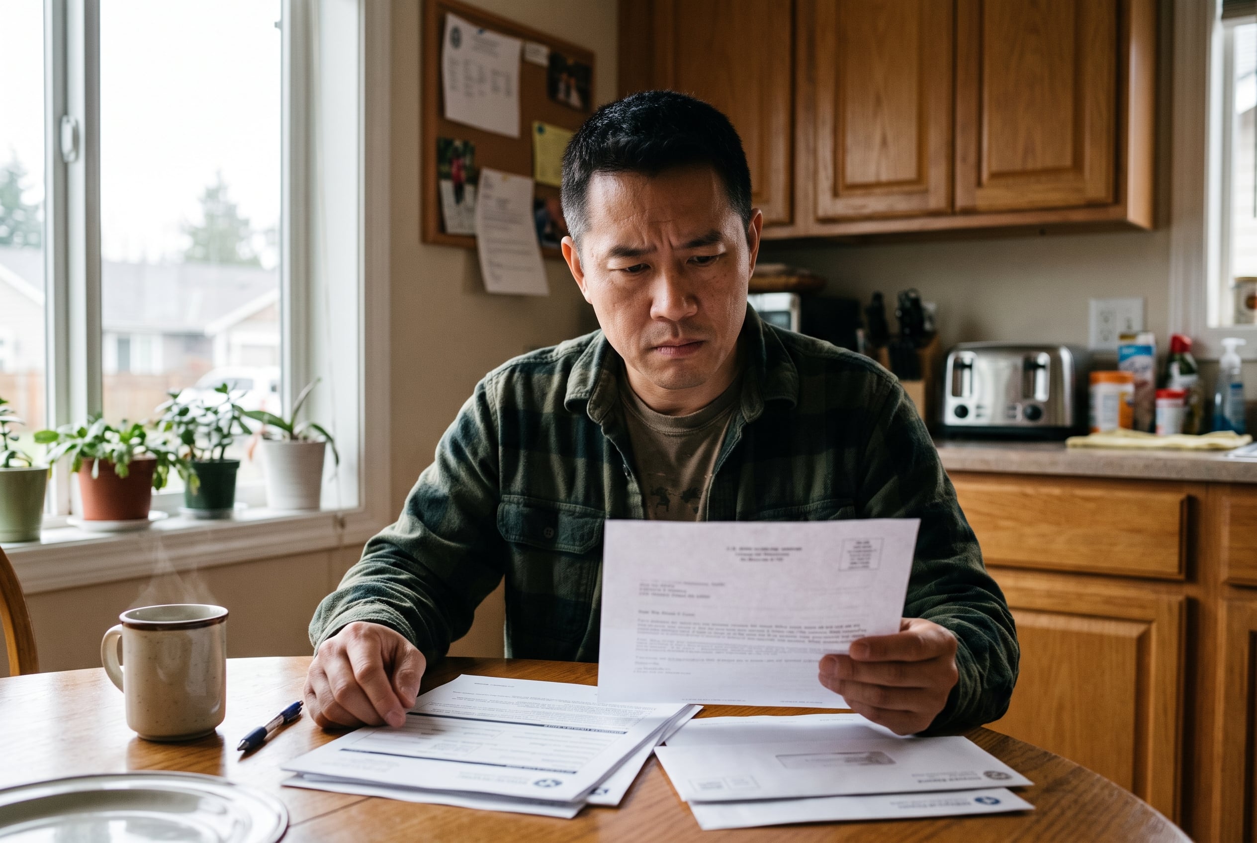 A determined veteran reviewing a VA denial letter at a kitchen table
