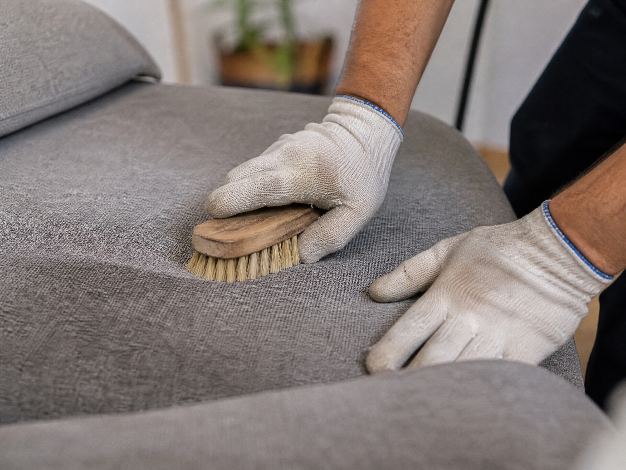 Detalhe da escovação do tecido do sofá durante a higienização
