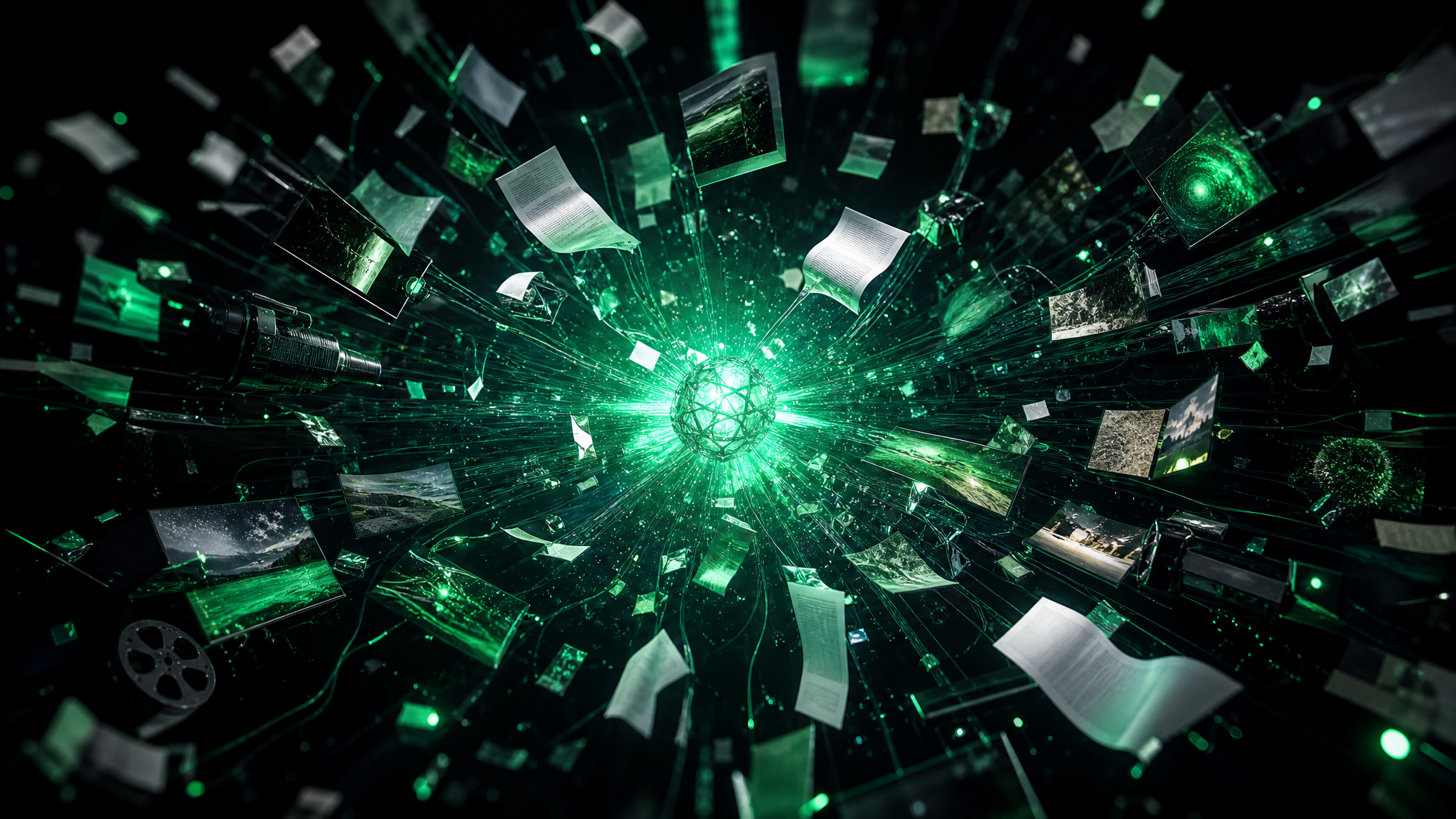 AI content engine radiating streams of articles and media