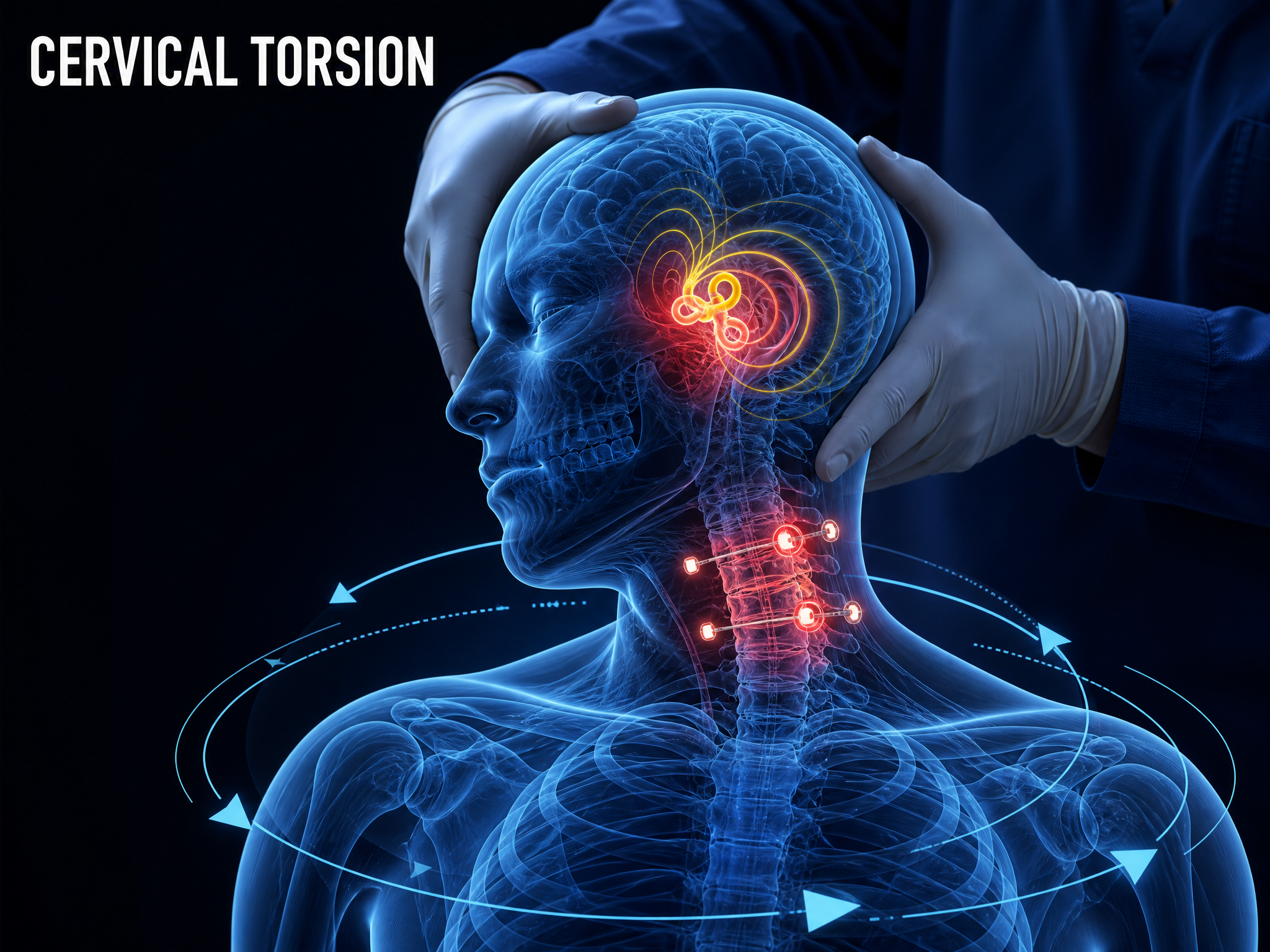 Anatomical illustration of the cervical torsion test, head held still while the torso rotates beneath it