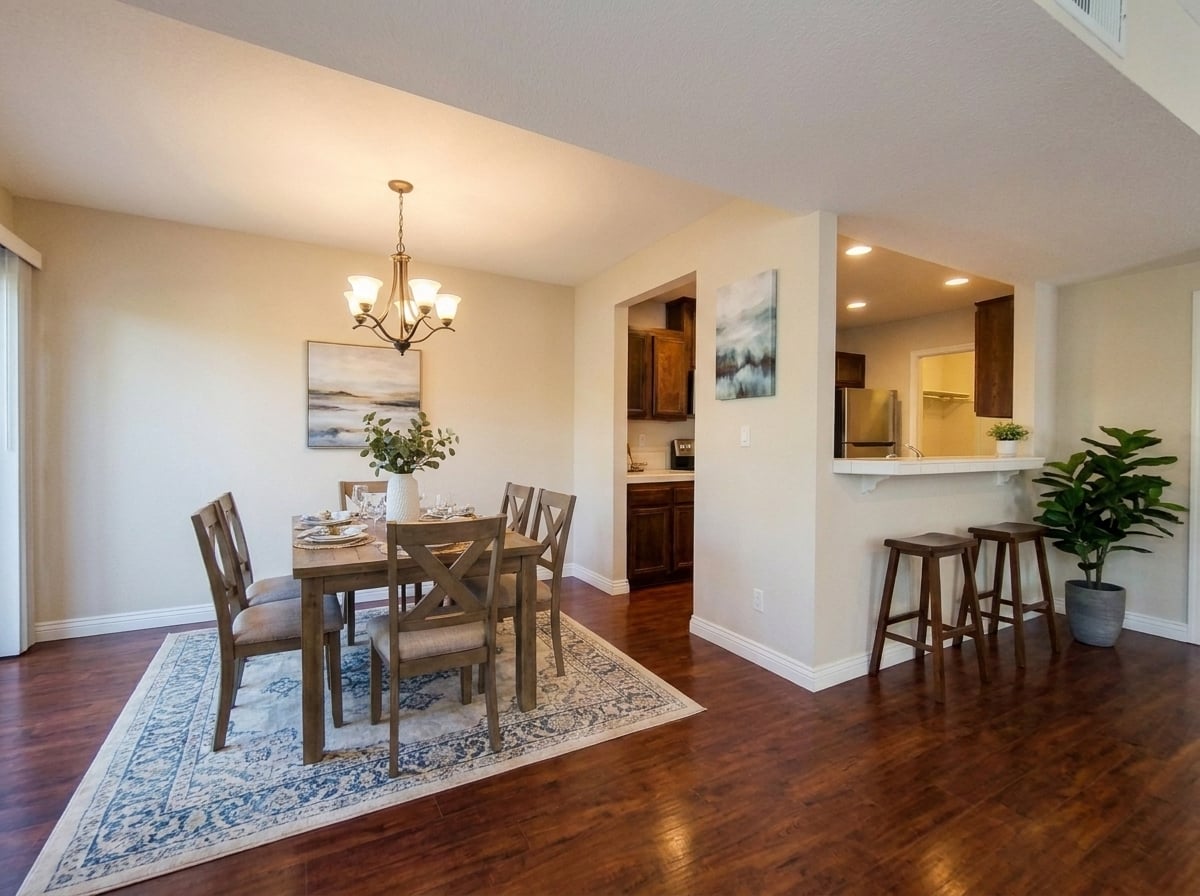 Dining area with chandelier next to kitchen breakfast bar