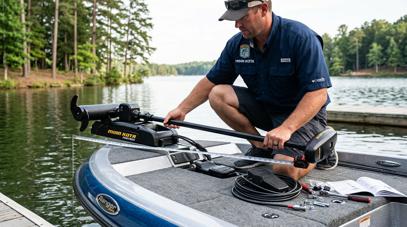 Angler installing a Minn Kota Fortrex bow-mount trolling motor with cable steer foot pedal on a fishing boat