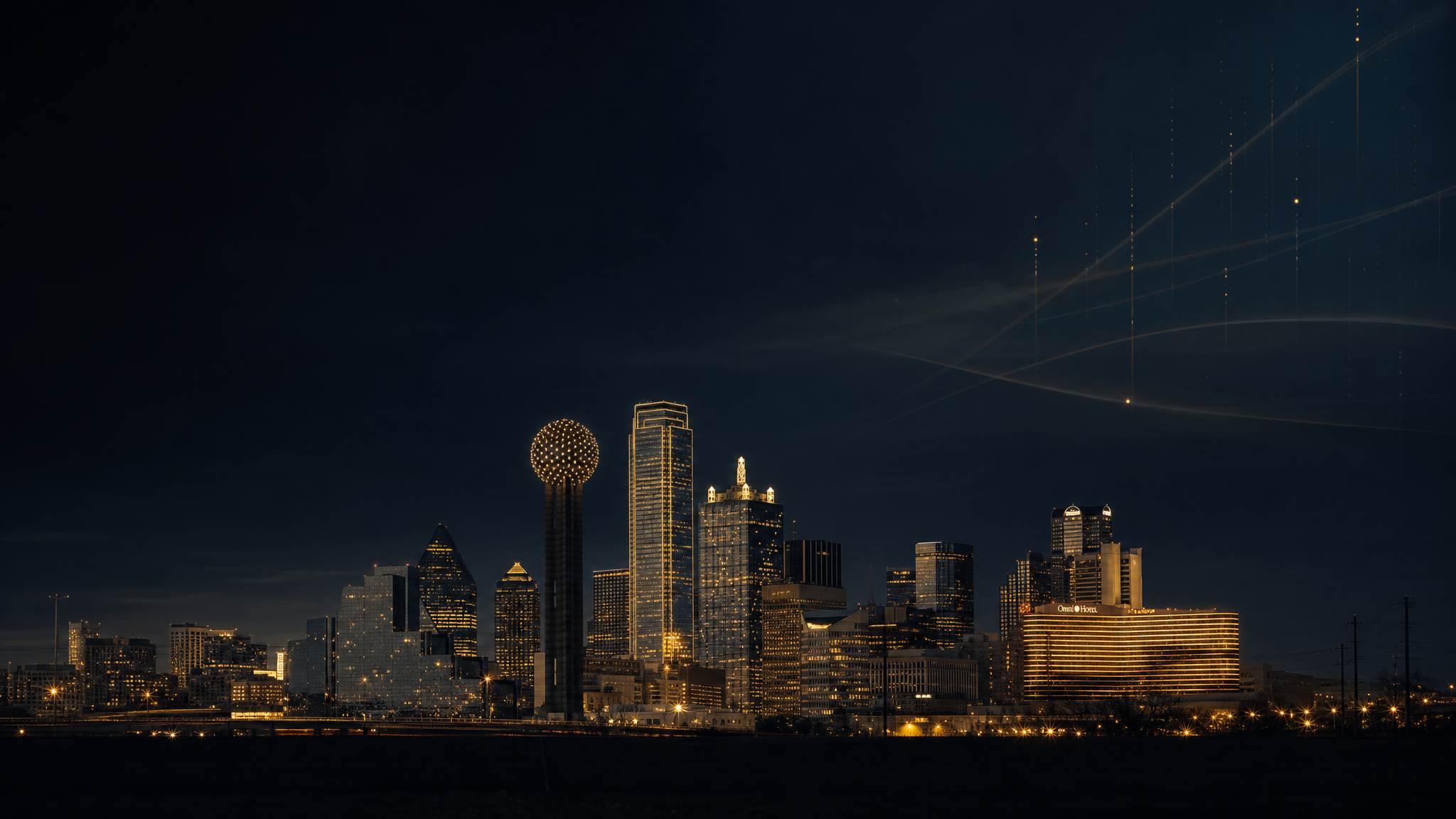 Dallas skyline at night with golden lights