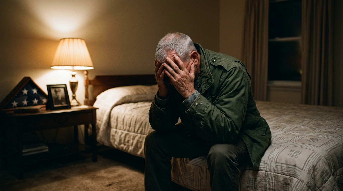Photograph of a veteran sitting on the edge of a bed, head in his hands, in emotional distress
