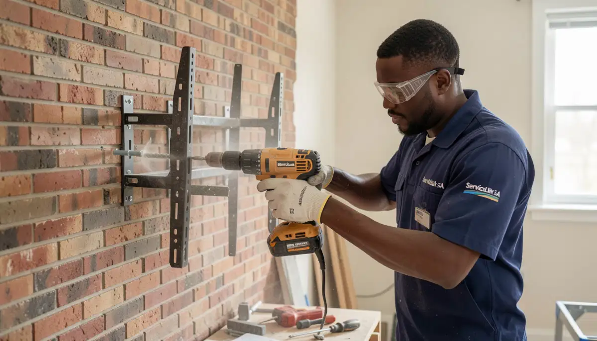 TV wall mounting installation on brick wall