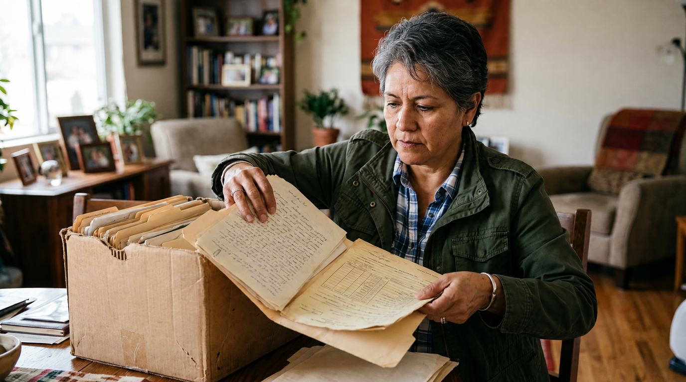 A woman veteran pulling old unit records and a buddy letter out of a file box