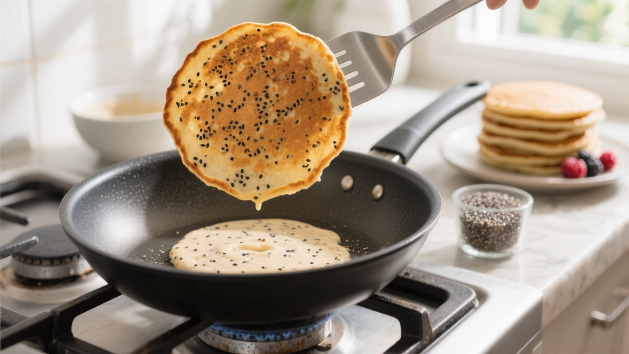 Crêpes sucrées aux graines de chia 3 Crêpes aux graines de chia empilées sur une assiette, nappées de sirop d’érable