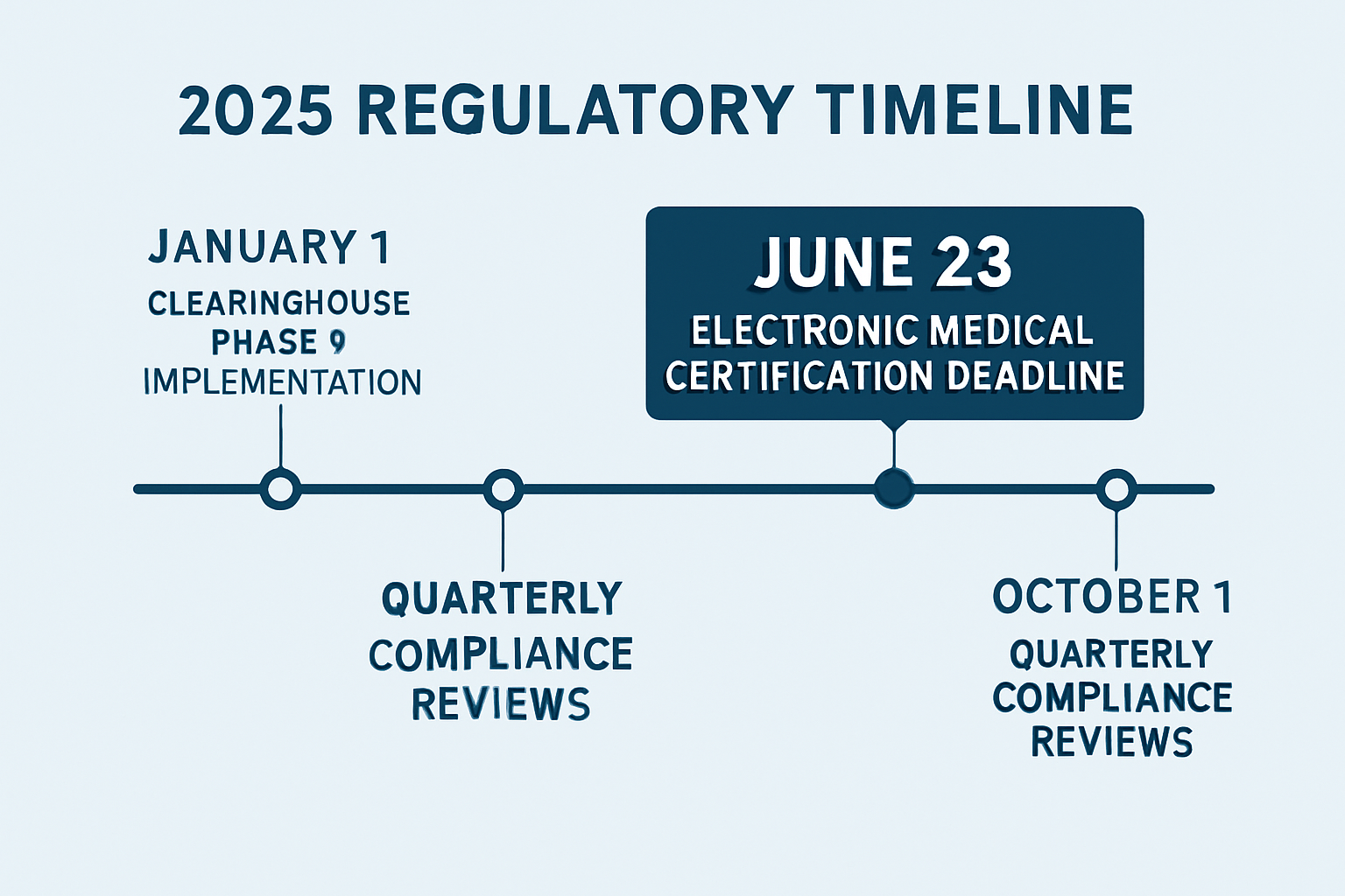 2025 regulatory timeline showing June 23 electronic medical certification deadline and key compliance milestones