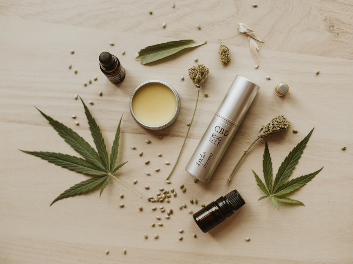 CBD lip care products overhead flat lay with hemp seeds and botanical ingredients on wooden surface