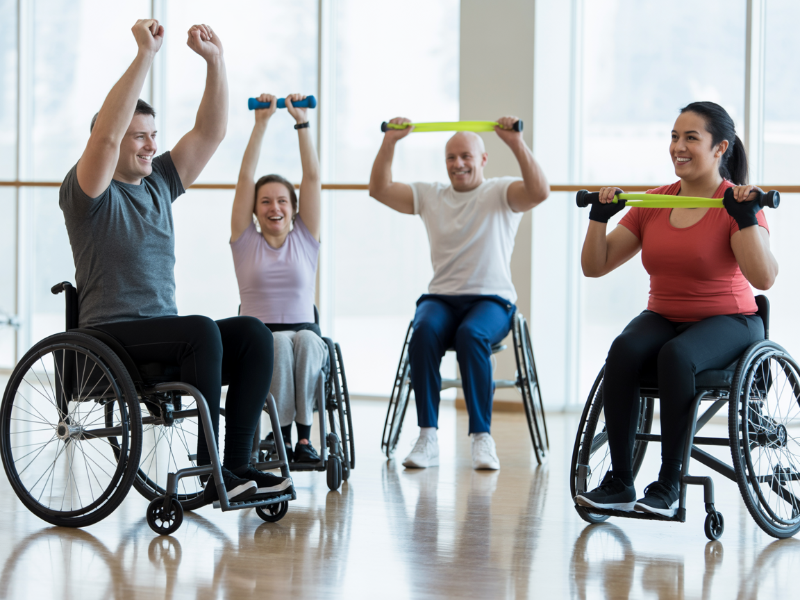 Diverse group of adults with disabilities participating in adaptive fitness activities