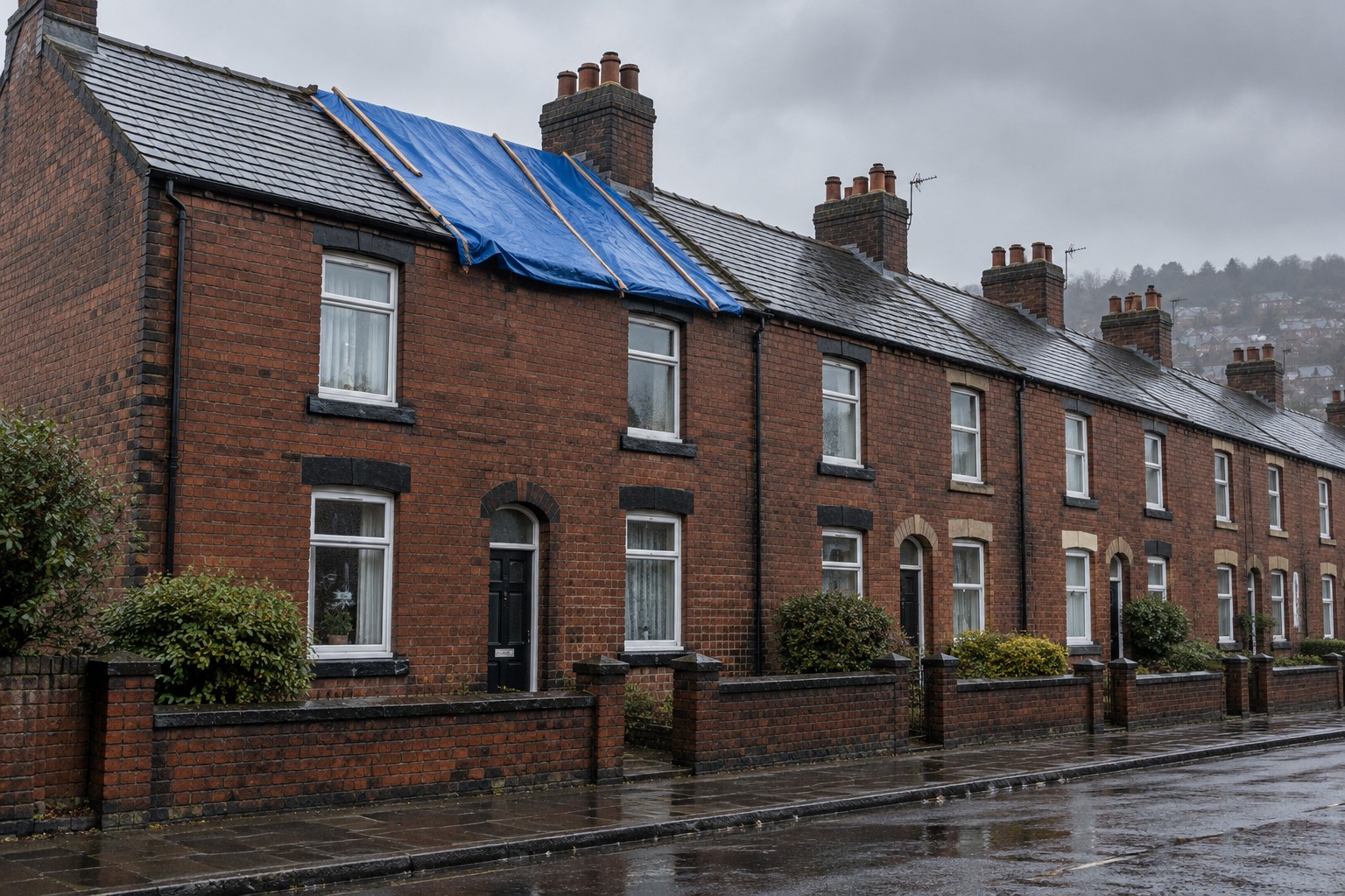 Terraced house roof with an emergency tarpaulin cover