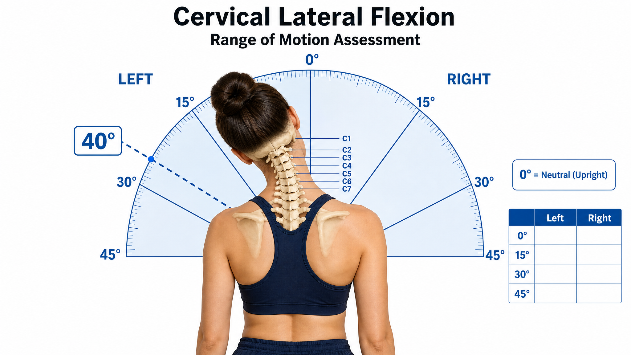Clinical illustration of cervical lateral flexion viewed from behind — a female figure tipping the ear toward the shoulder with the C1–C7 spine overlaid and a bilateral goniometer protractor measuring left and right