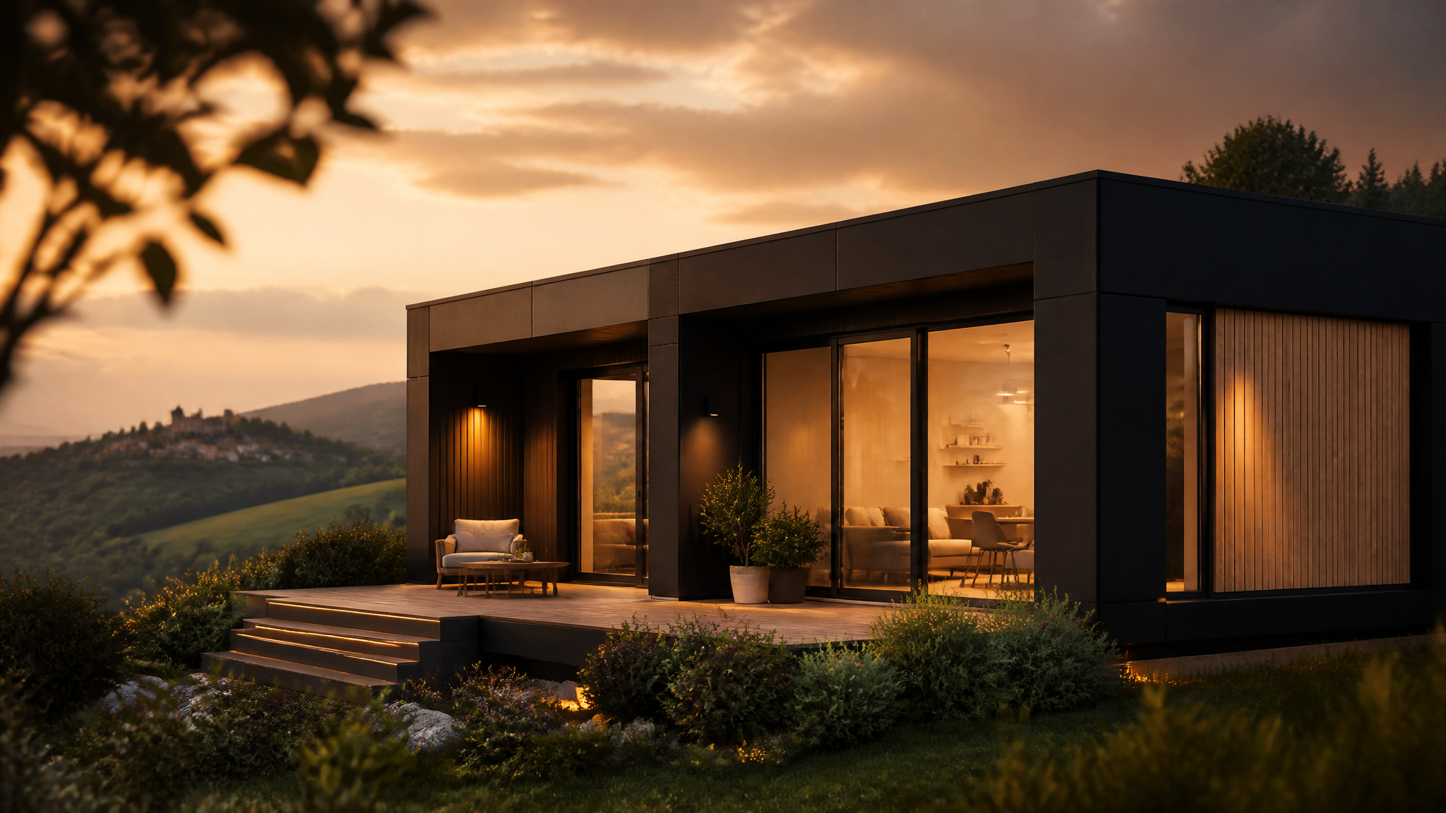 Modernes Fertighaus in europäischer Landschaft bei Sonnenuntergang