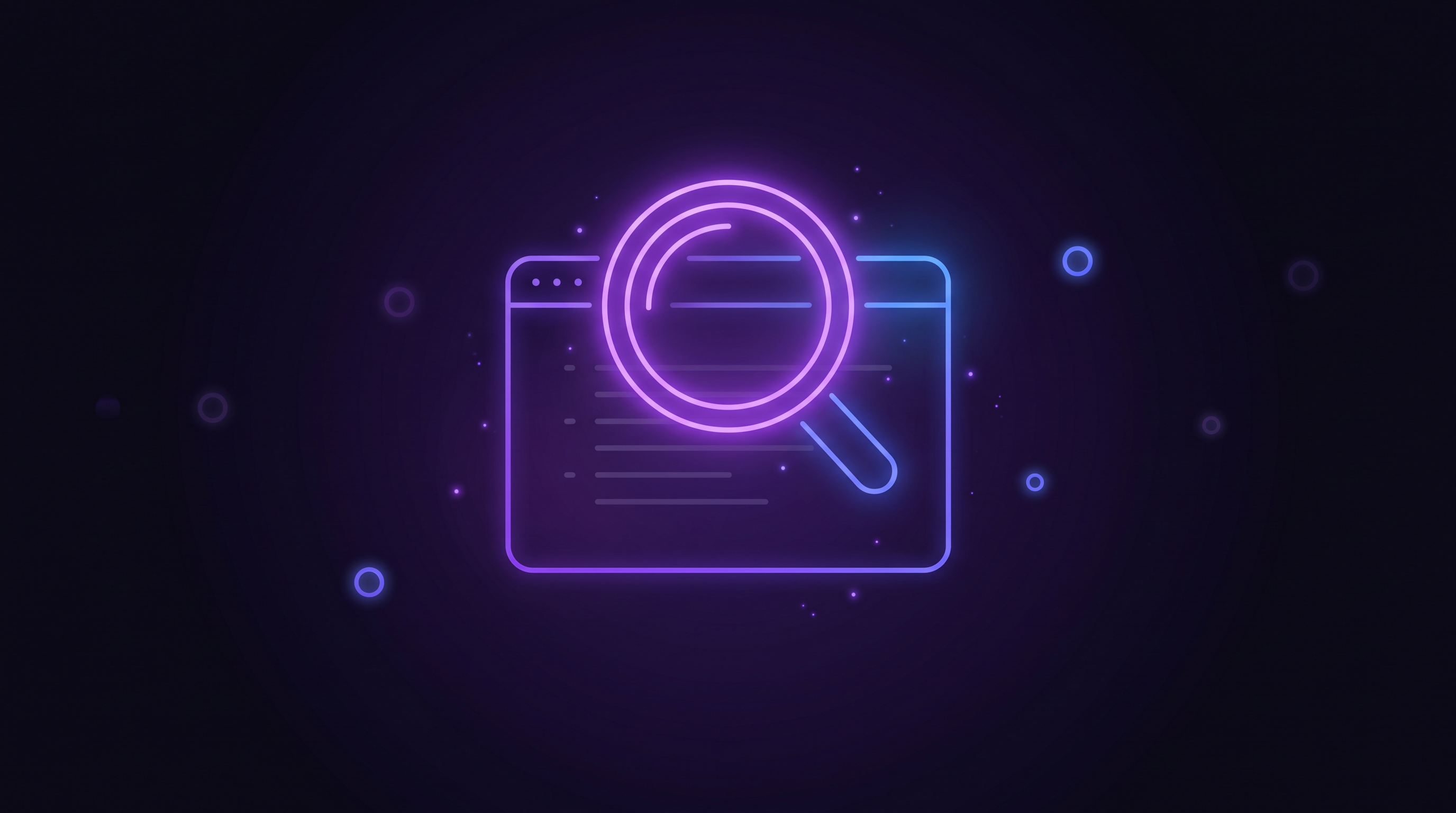 Purple neon magnifying glass over an outlined browser window with almost nothing in it