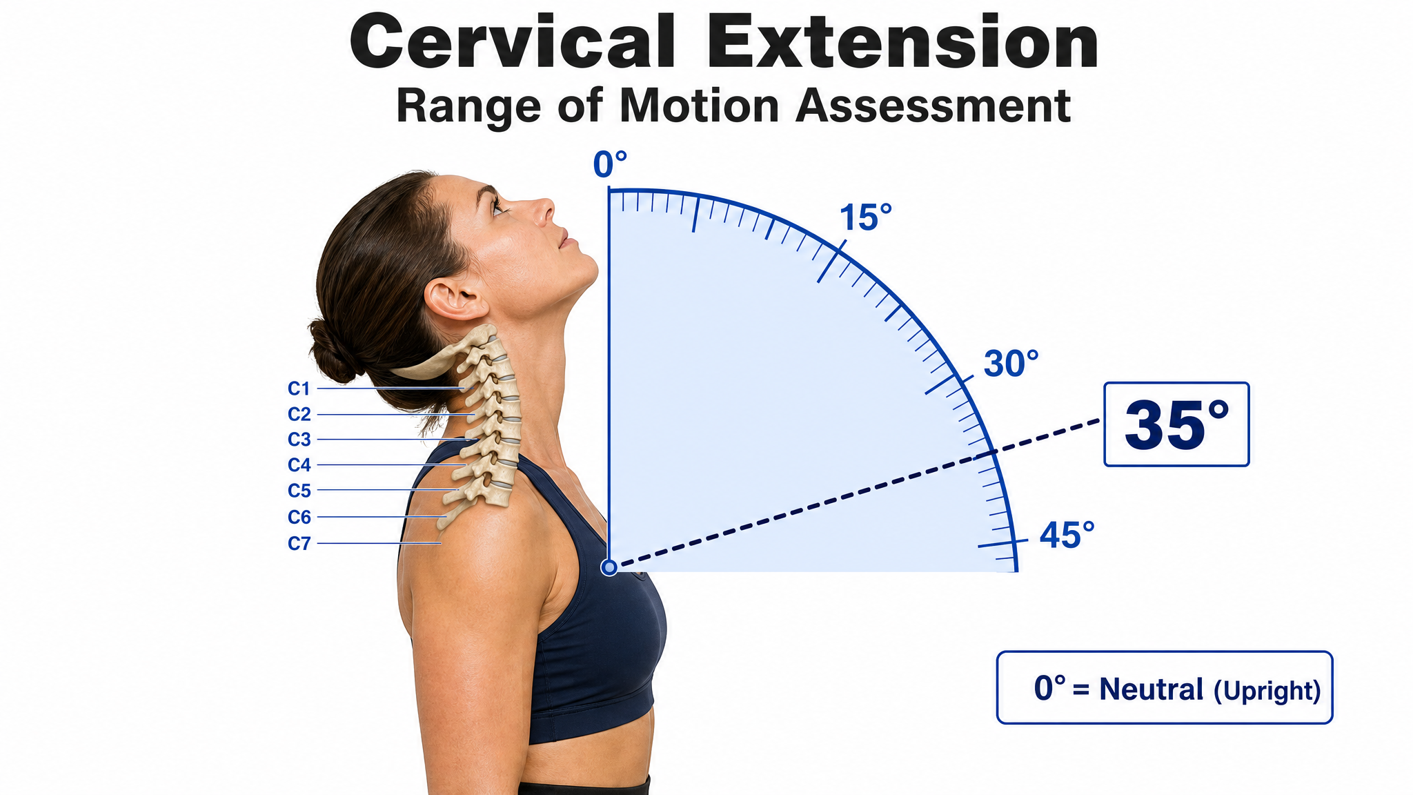 Clinical illustration of cervical extension — a female figure tipping the head backward with the C1–C7 spine overlaid and a goniometer protractor arc measuring the angle