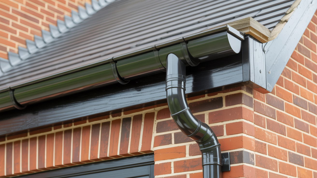 New black guttering and downpipe installed on house