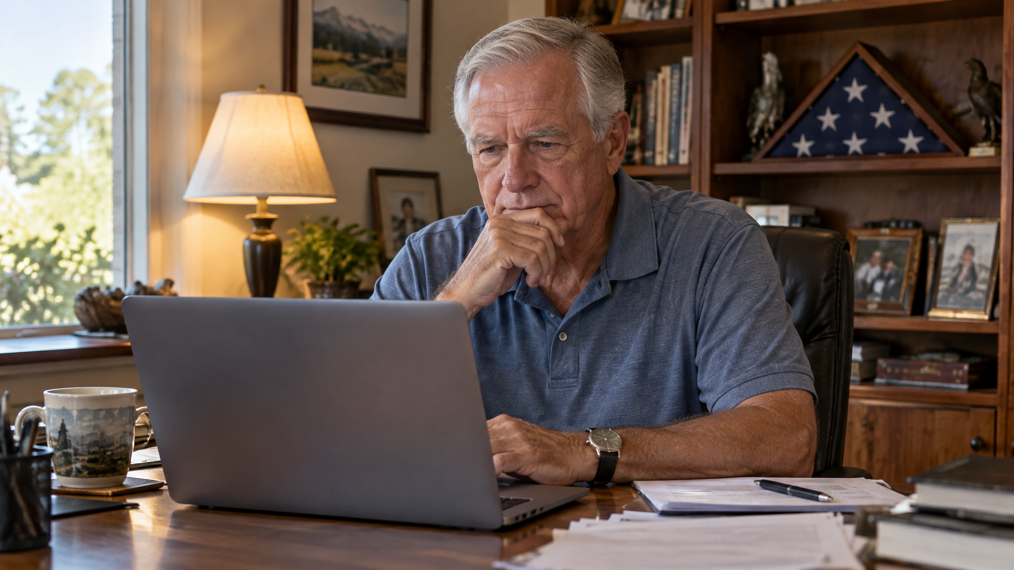 A retired veteran at his home desk with a laptop and paperwork, a folded flag in a shadow box behind him