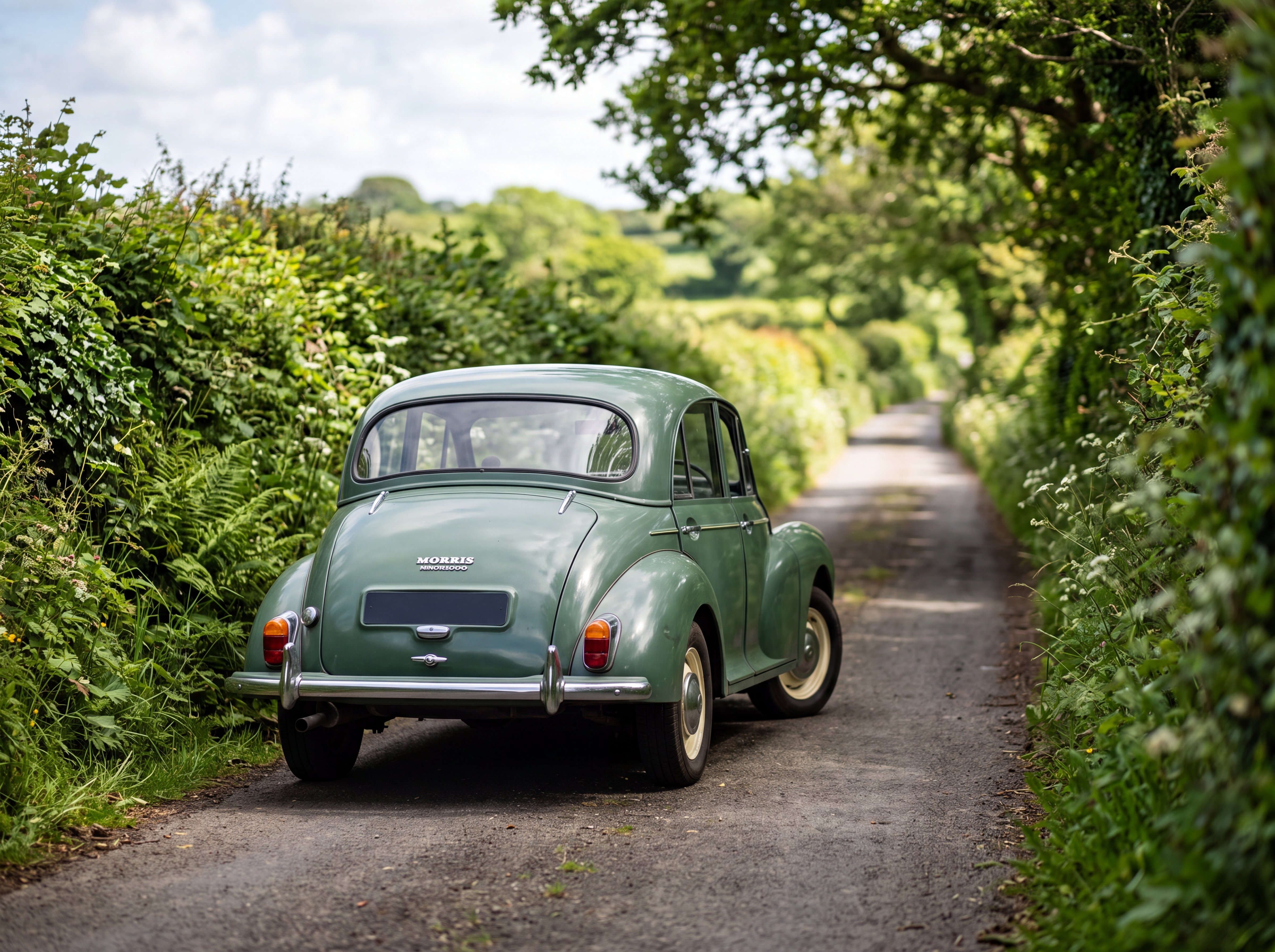 Rear view of a 1967 green Morris Minor on a Cornish country lane