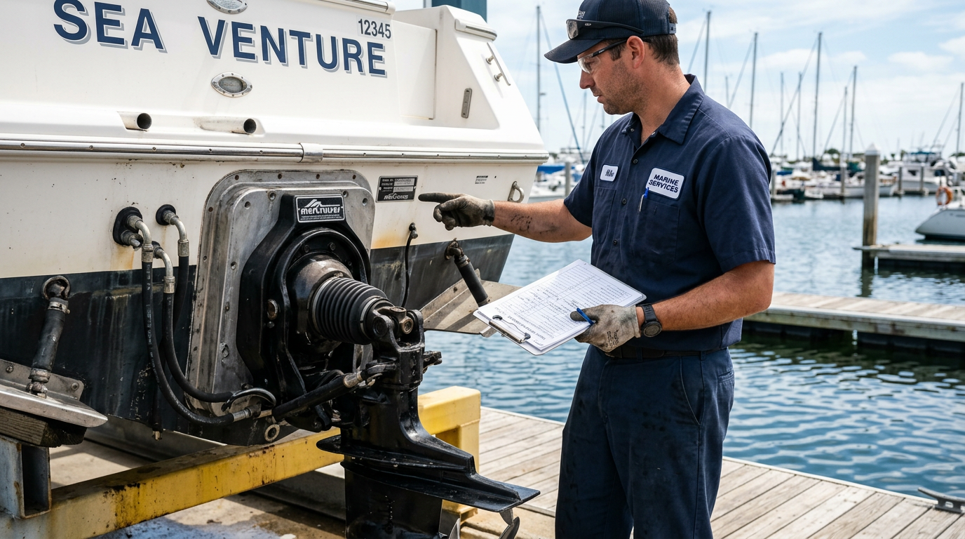Marine mechanic inspecting a boat's sterndrive serial number plate and drive shaft with a checklist before ordering a lower unit replacement