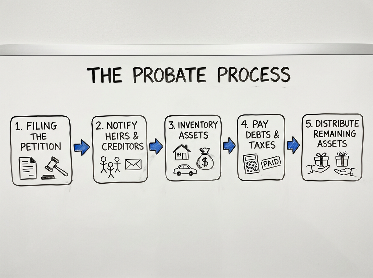 Whiteboard drawing of the probate real estate process