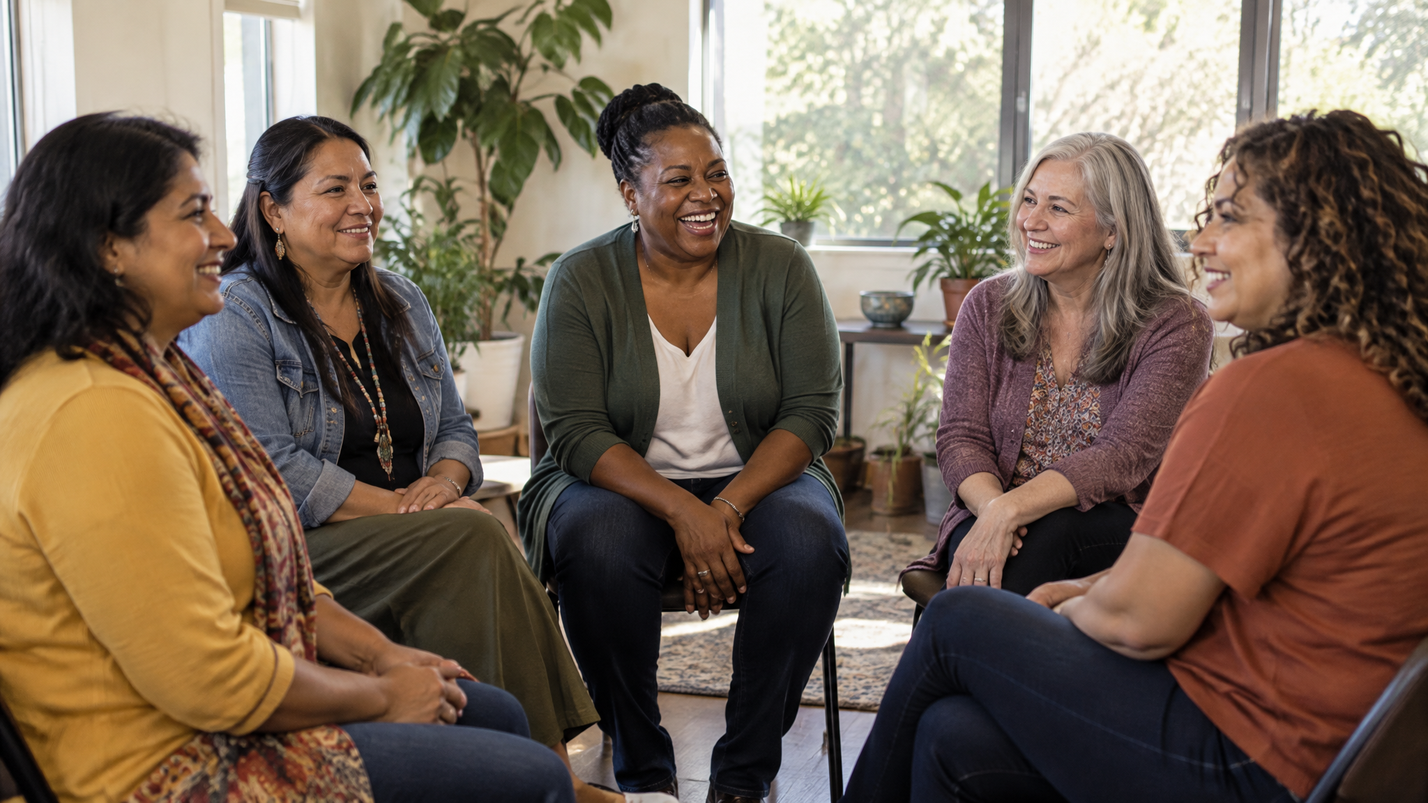 Five women veterans seated in a circle in a bright meeting room, one laughing and the others smiling
