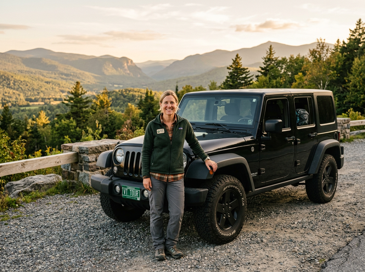 Vermont outdoor guide standing beside a vehicle in the mountains